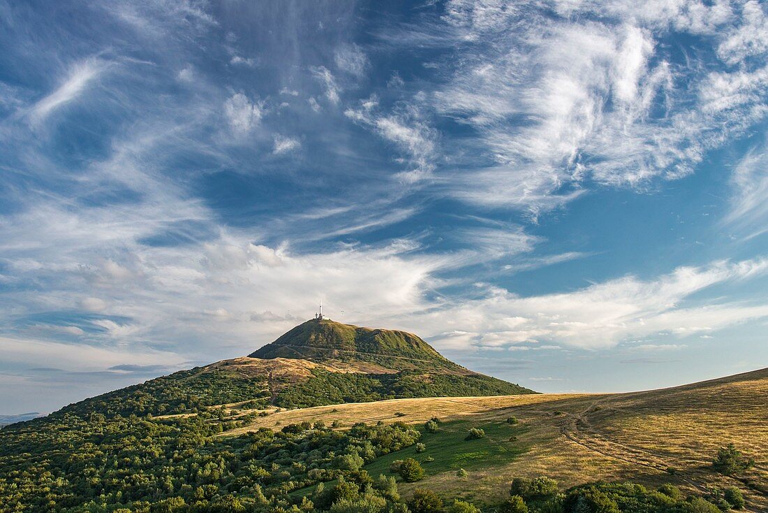 France, Puy de Dome, area listed as World Heritage by UNESCO, Orcines, Chaine des Puys, Regional Natural Park of the Auvergne Volcanoes, the Puy de Dome volcano (aerial view)