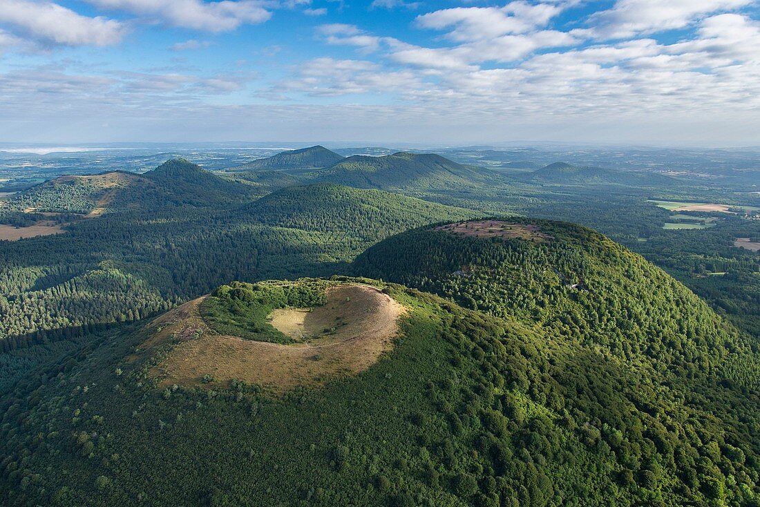 France, Puy de Dome, area listed as World Heritage by UNESCO, Orcines, Chaine des Puys, Regional Natural Park of the Auvergne Volcanoes, the Puy des Goules volcano (aerial view)