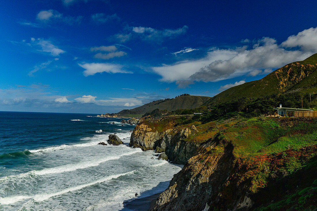 View of a lonely house on the wild Pacific coast near Carmel-By-The-Sea, California, USA