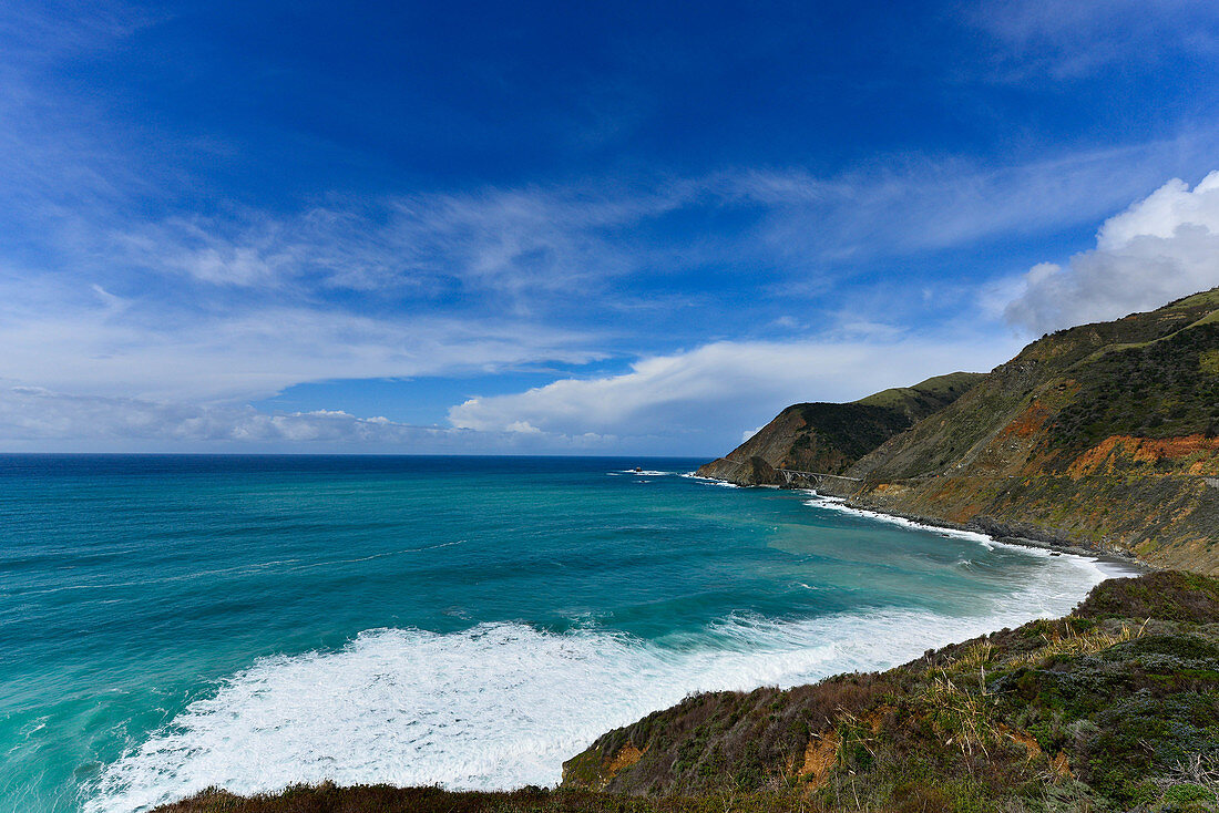 Hilly landscape and Pacific coast on Highway No. 1 near Lucia, California, USA
