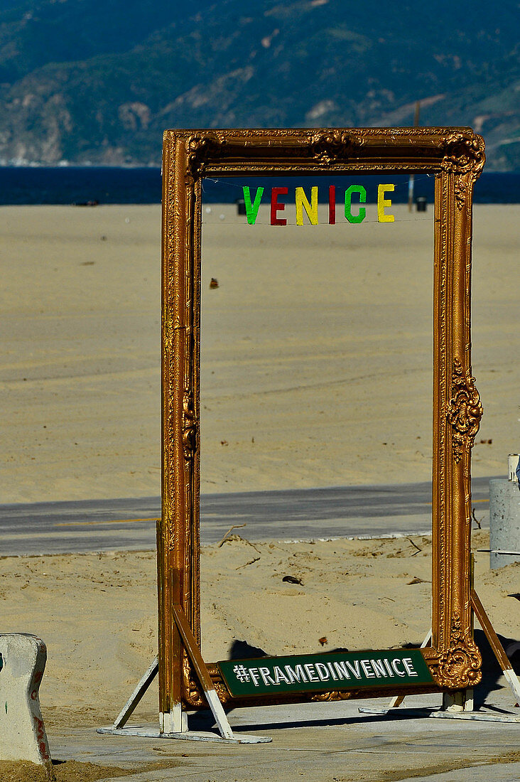 Bilderrahmen für Touristen-Fotos am Venice Beach, Kalifornien, USA