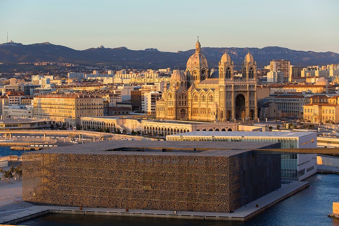 France, Bouches du Rhone, Marseille, Euromediterranee area, La Joliette district, MuCEM, Museum of Civilizations of Europe and the Mediterranean, R. and R. Carta Ricciotti architects, Vaults and The Cathedral Major (nineteenth century) historical monument