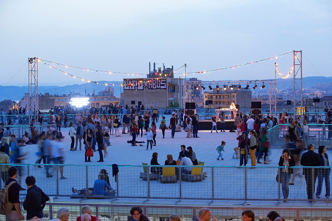 France, Bouches du Rhone, Marseille, the Belle de Mai district, the Wasteland, the roof terrace during the Spring opening night of Contemporary Art