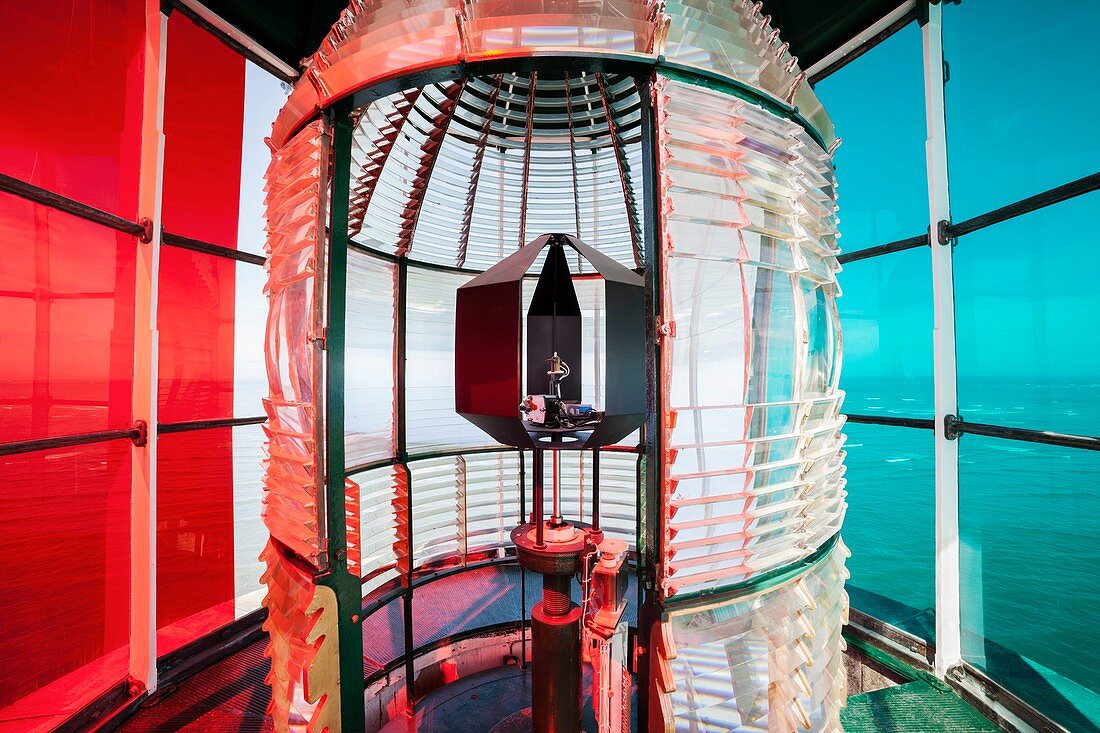 Frankreich, Gironde, Le Verdon sur Mer, die Laterne in dem Leuchtturm von Cordouan, als historisches Monument eingestufte Bedeckungssystem