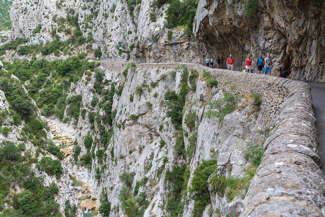 France, Aude, Cathare Country, Galamus Gorges between Aude and Pyrenees Orientales at the bottom of which flows the Agly river