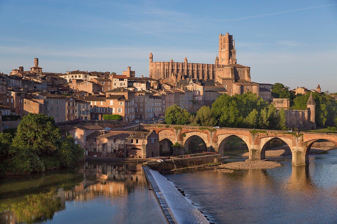 Frankreich, Tarn, Albi, die Bischofsstadt, UNESCO Weltkulturerbe, die Kathedrale Sainte Cecile, die alte Brücke und der Fluss Tarn