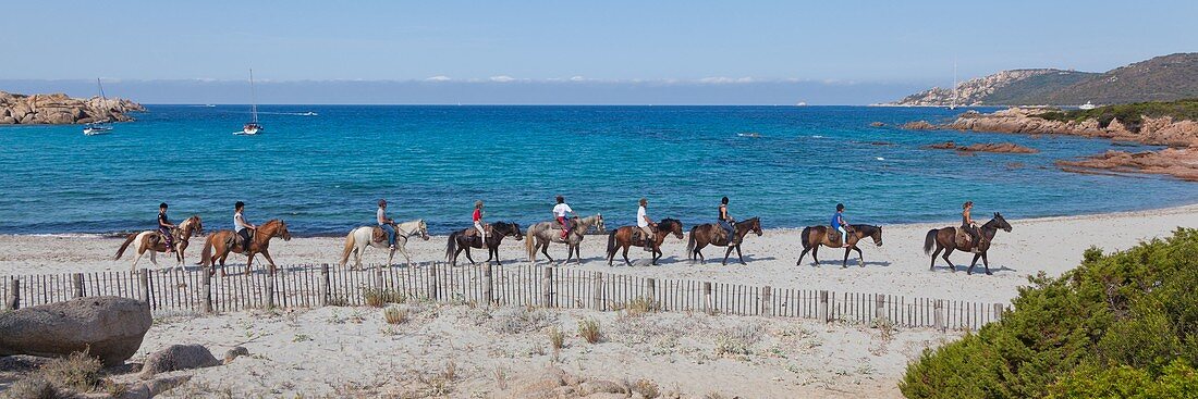 France, Corse du Sud, Sartenais region, Tizzano, silver beach and riders
