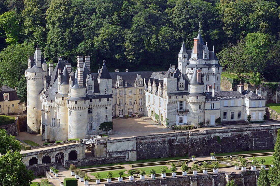 France, Indre et Loire, Loire valley listed as World Heritage by UNESCO, Rigny Usse, castle of Usse which has inspired the french author Charles Perrault for Sleeping beauty (aerial view)