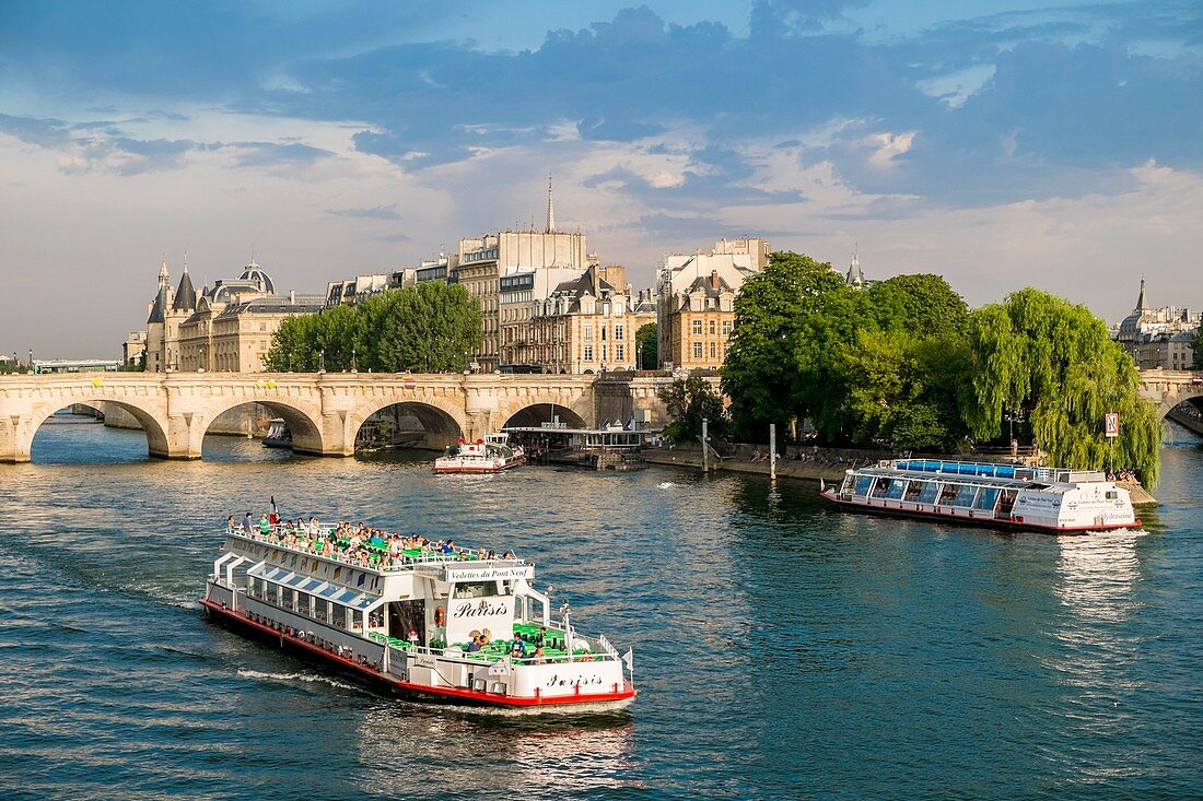 Frankreich, Paris, Gebiet als Weltkulturerbe der UNESCO, ein Flugboot mit der Pont Neuf und der Ile de la Cité im Hintergrund