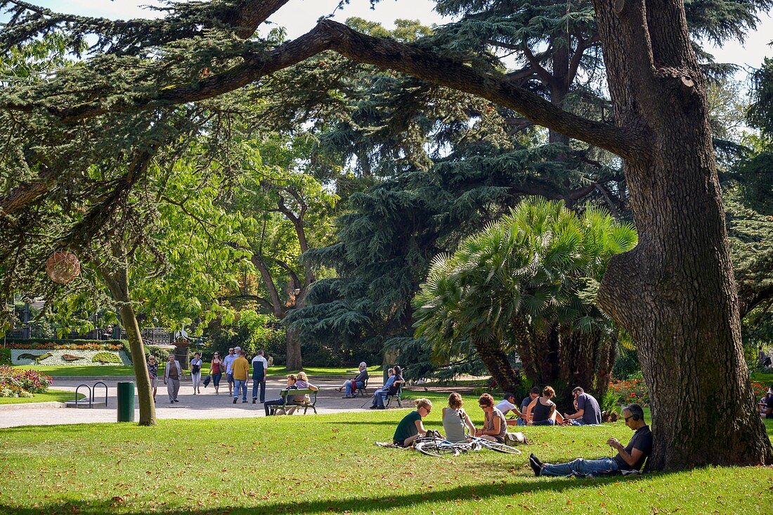 Frankreich, Haute Garonne, Toulouse, Square du Boulingrin, Gruppe von Freunden sitzt in einem Park auf einer Wiese umgeben von Bäumen