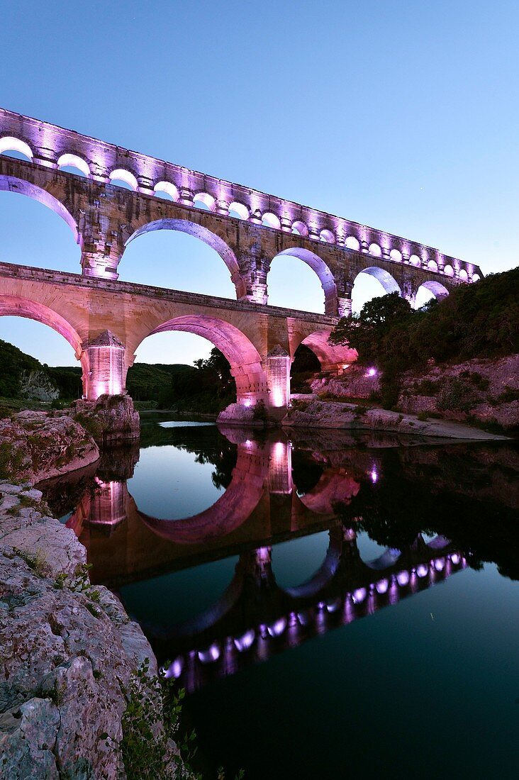 France, Gard, Pont du Gard listed as World Heritage by UNESCO, Roman aqueduct over Gardon River
