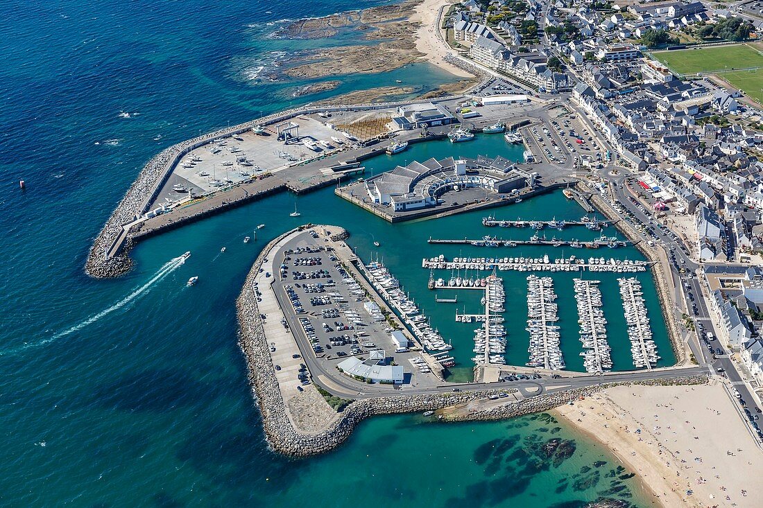 France, Loire Atlantique, La Turballe, the fishing harbour, the fish auction and the marina (aerial view)