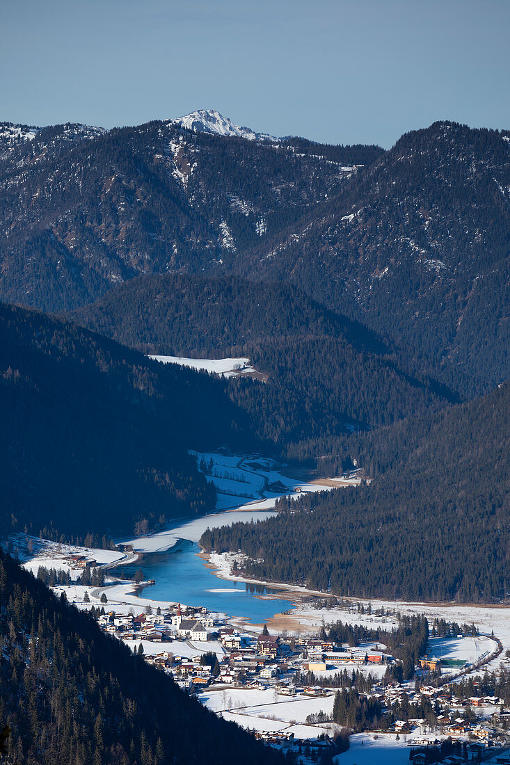 Pillersee and Ortisei village from above in winter, Wilder Kaiser Tirol