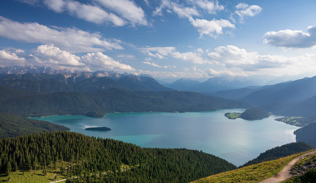 Panorama of the turquoise Walchensee, mountains and clouds, Jochberg in Bavaria