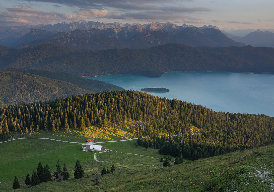 Jocheralm and Walchensee in sunset, mountains and clouds, Jochberg in Bavaria