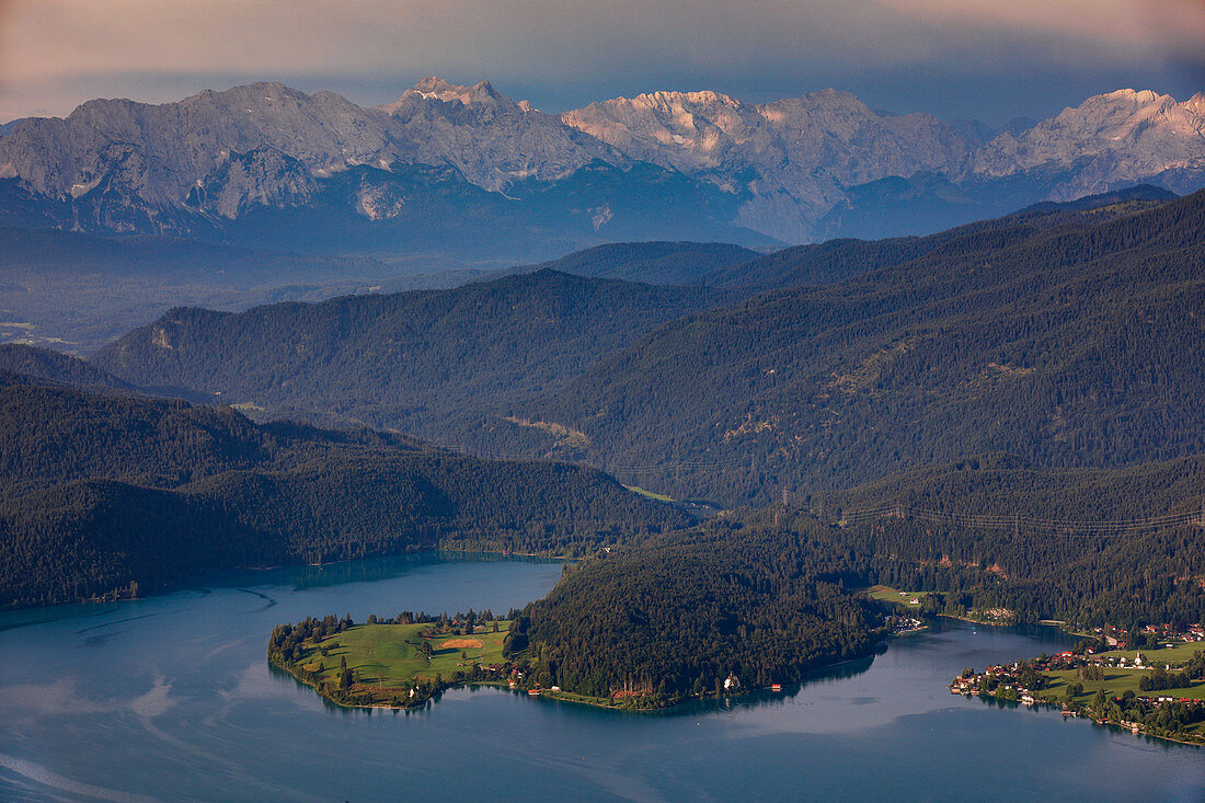 Walchensee with peninsular dwarfs and mountain backdrop in the morning sun from above, Bavaria