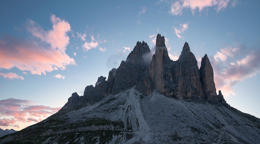 View of the east side of the Three Peaks in the Dolomites at sunset, South Tyrol