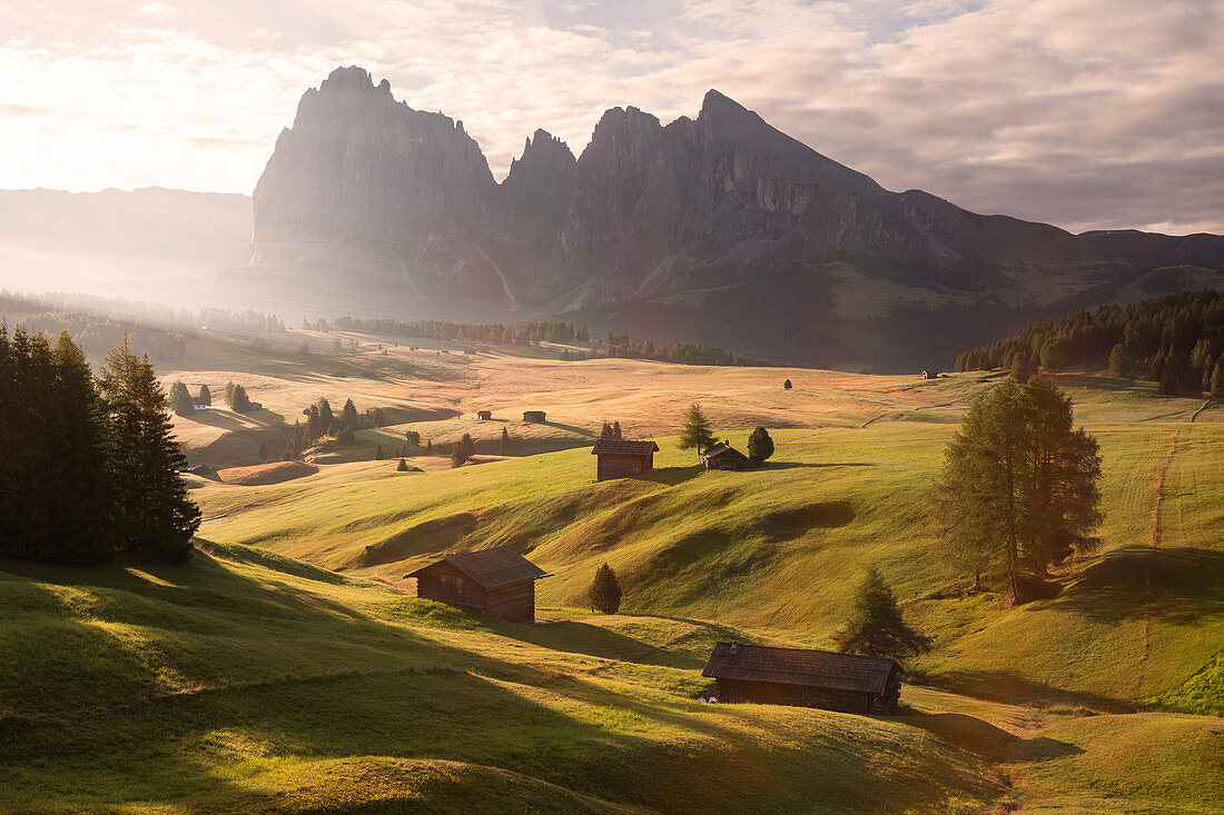 Sunrise at the Seiser Alm in the Dolomites in autumn, South Tyrol