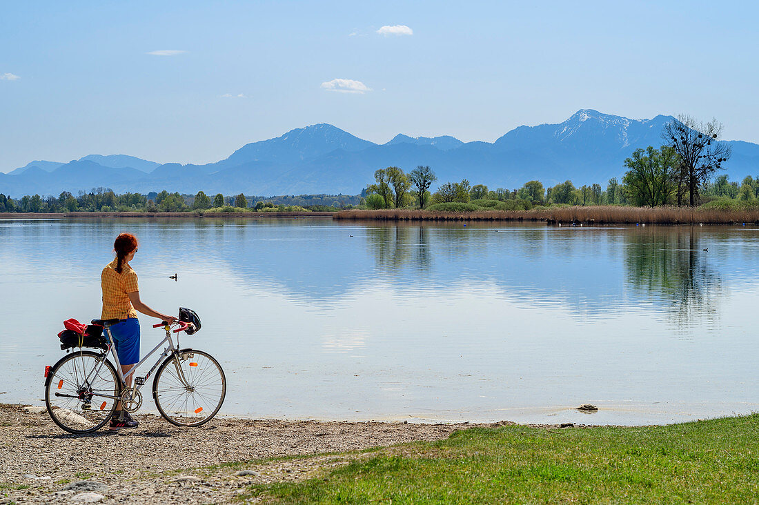 Frau beim Radfahren steht am Ufer und blickt auf Chiemsee, Hochfelln und Hochgern im Hintergrund, Chiemseeradweg, Chiemgau, Oberbayern, Bayern, Deutschland