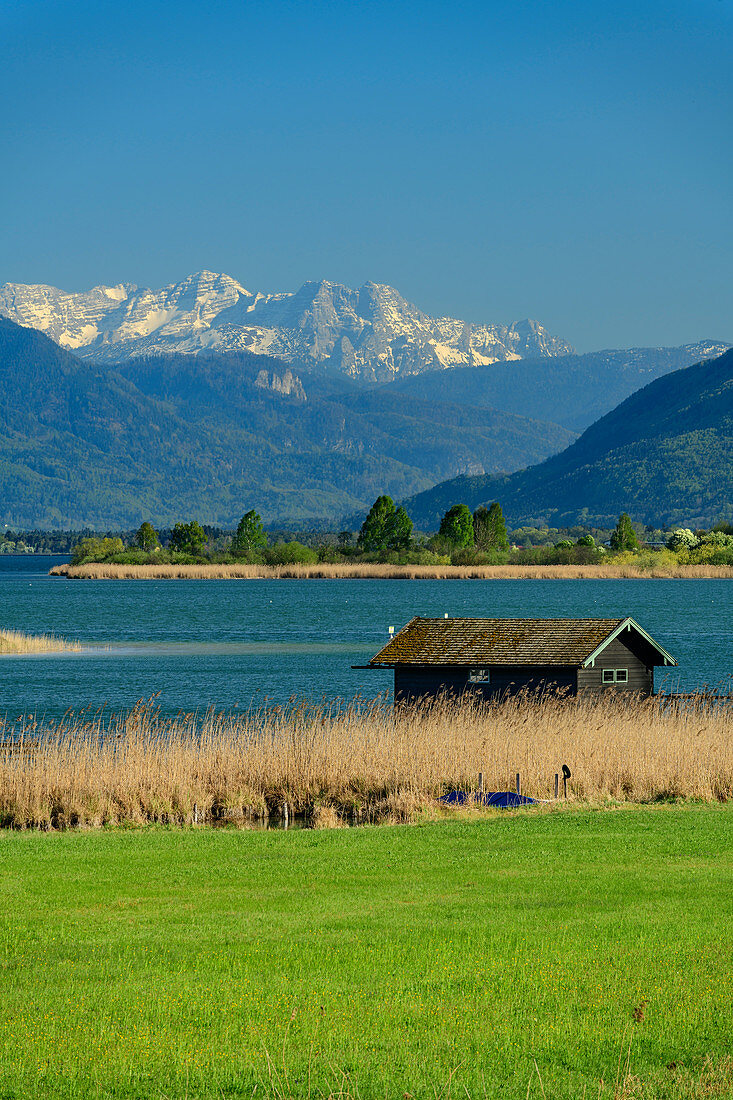 Chiemsee mit Loferer Steinberge im Hintergrund, Chiemsee, Benediktradweg, Chiemseeradweg, Chiemgau, Oberbayern, Bayern, Deutschland