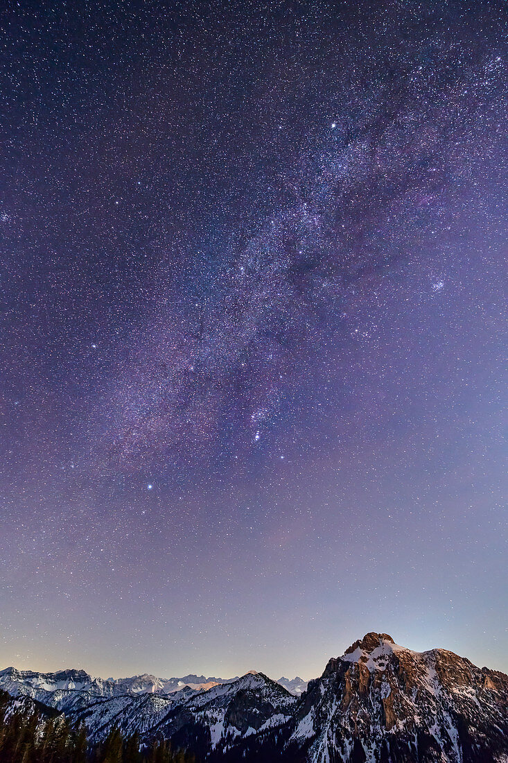 Starry sky with Milky Way over Säuling, from Tegelberg, Tegelberg, Ammergau Alps, Bavarian Alps, Upper Bavaria, Bavaria, Germany