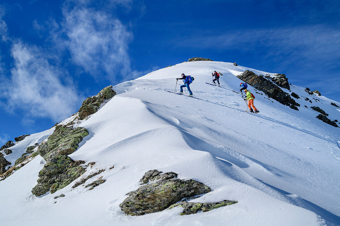 Vier Personen auf Skitour steigen zum Pangert auf, Pangert, Tuxer Alpen, Tirol, Österreich