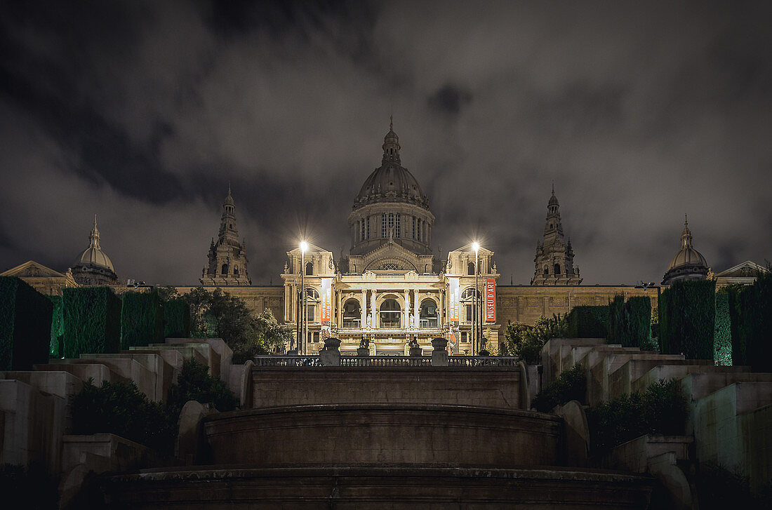 Night view of National Museum of Art in Barcelona, Spain