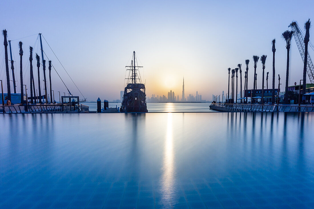 Sunset overlooking the skyline at Harbor Creek in Dubai, UAE