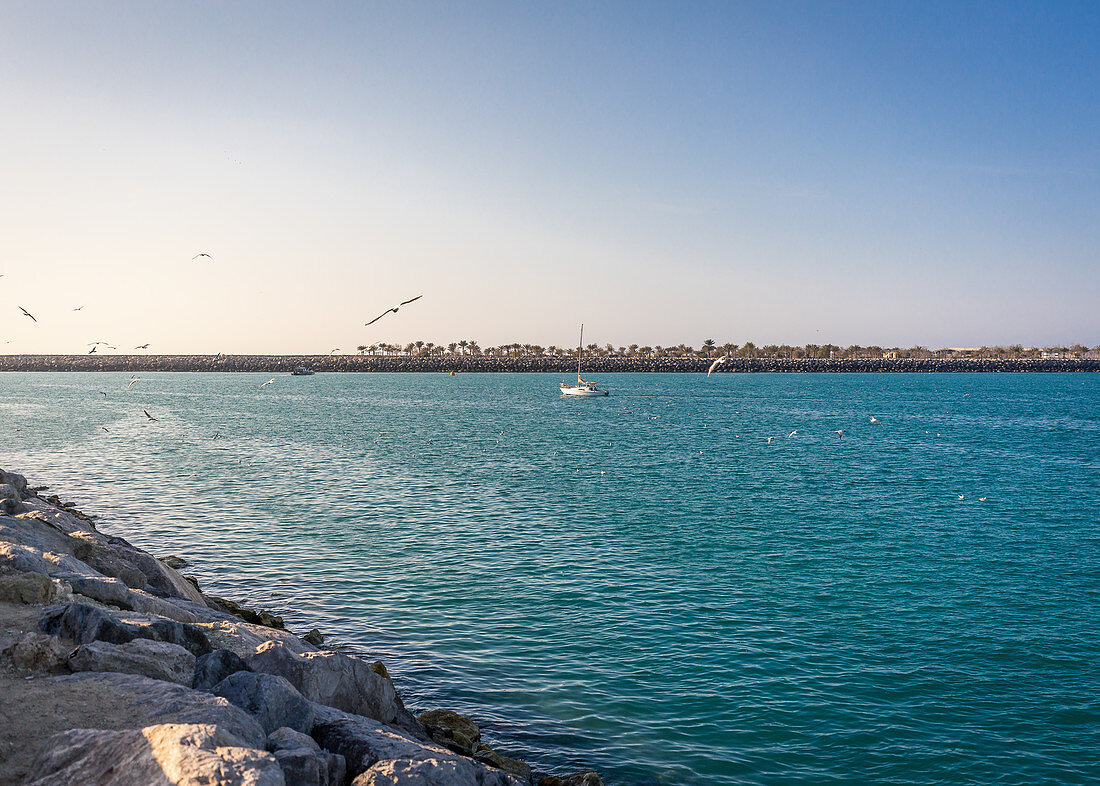 Boot fährt vor der Küste von Abu Dhabi, VAE