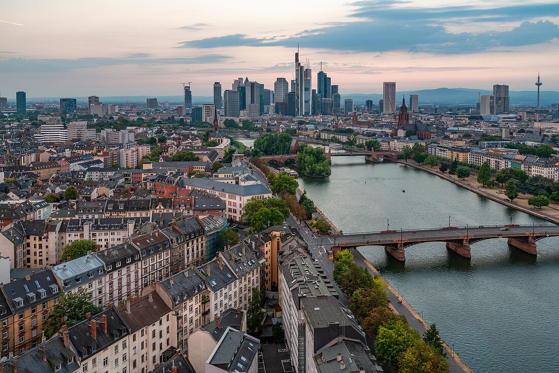 View of the financial district of Frankfurt, Germany just before sunset