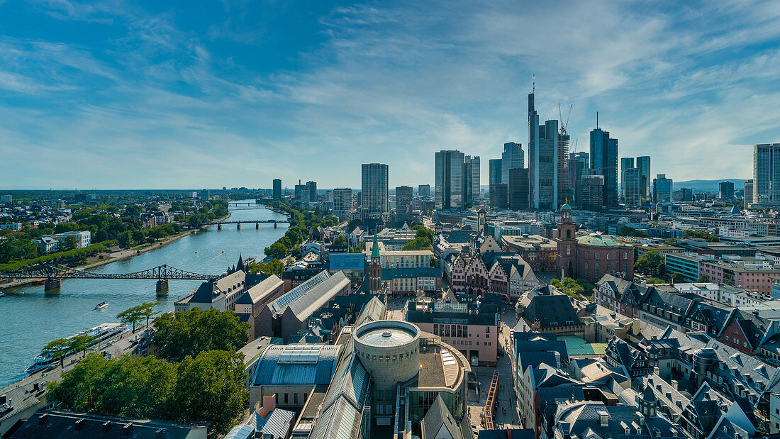 View of the city skyline from the observation deck of the Imperial Cathedral in Frankfurt, Germany