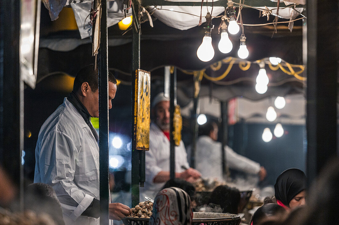 The food stalls at Djemaa El Fna in Marrakech, Morocco
