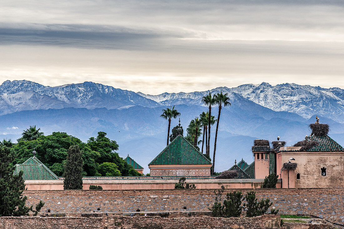 Blick von Marrakesch auf die verschneiten Gipfel des Atlas-Gebirges, Marokko
