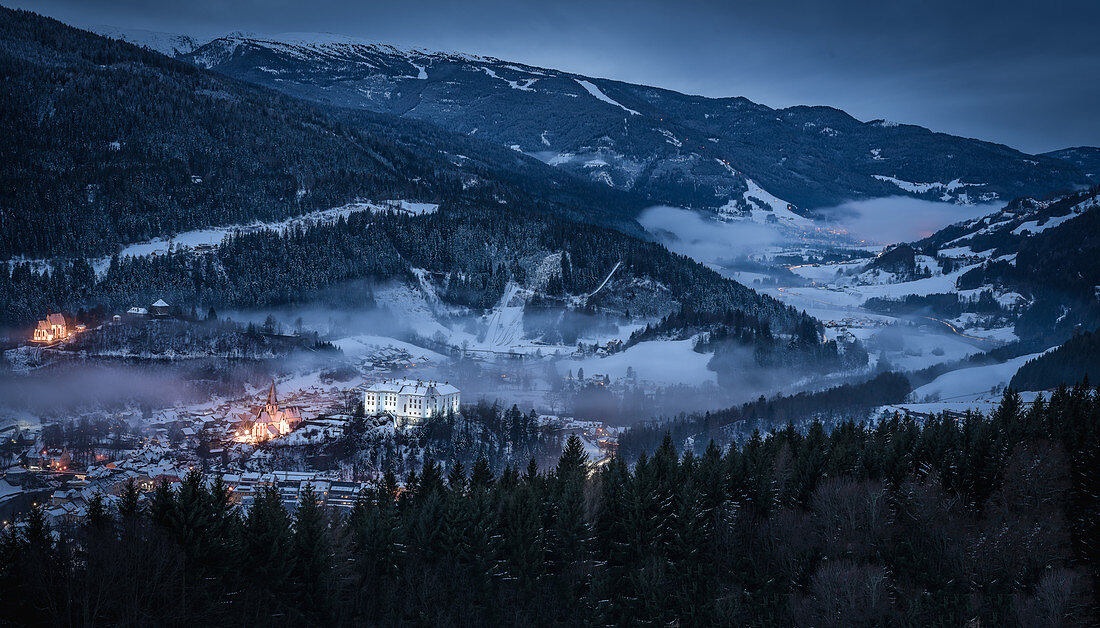 Beautiful view of the snow-covered Murau and the Kreischberg ski area in the background, Murau, Austria