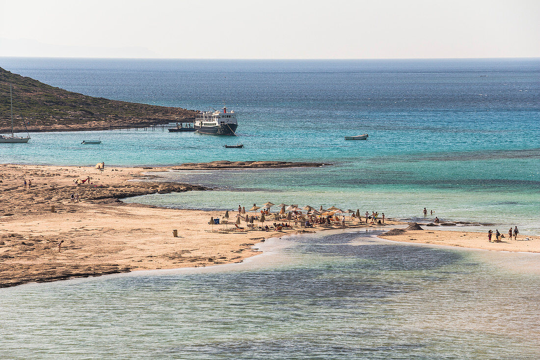 View of busy lagoon and beach at Balos, northwest Crete, Greece