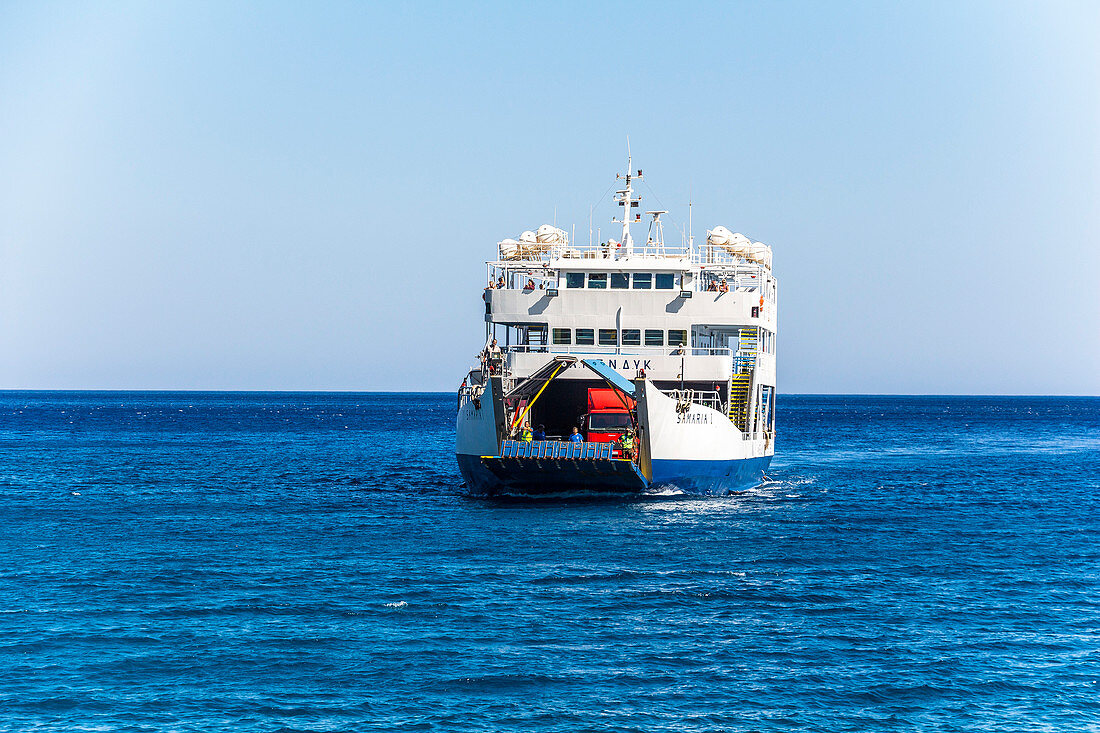 Incoming ferry at Samaria Gorge in Agia Roumeli, West Crete, Greece