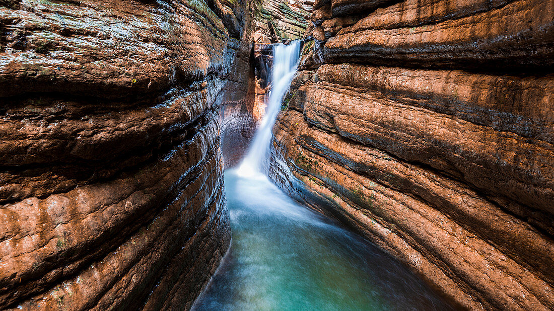 A gorge, also called the red canyon, in the Salzburg region in Austria. Long exposure