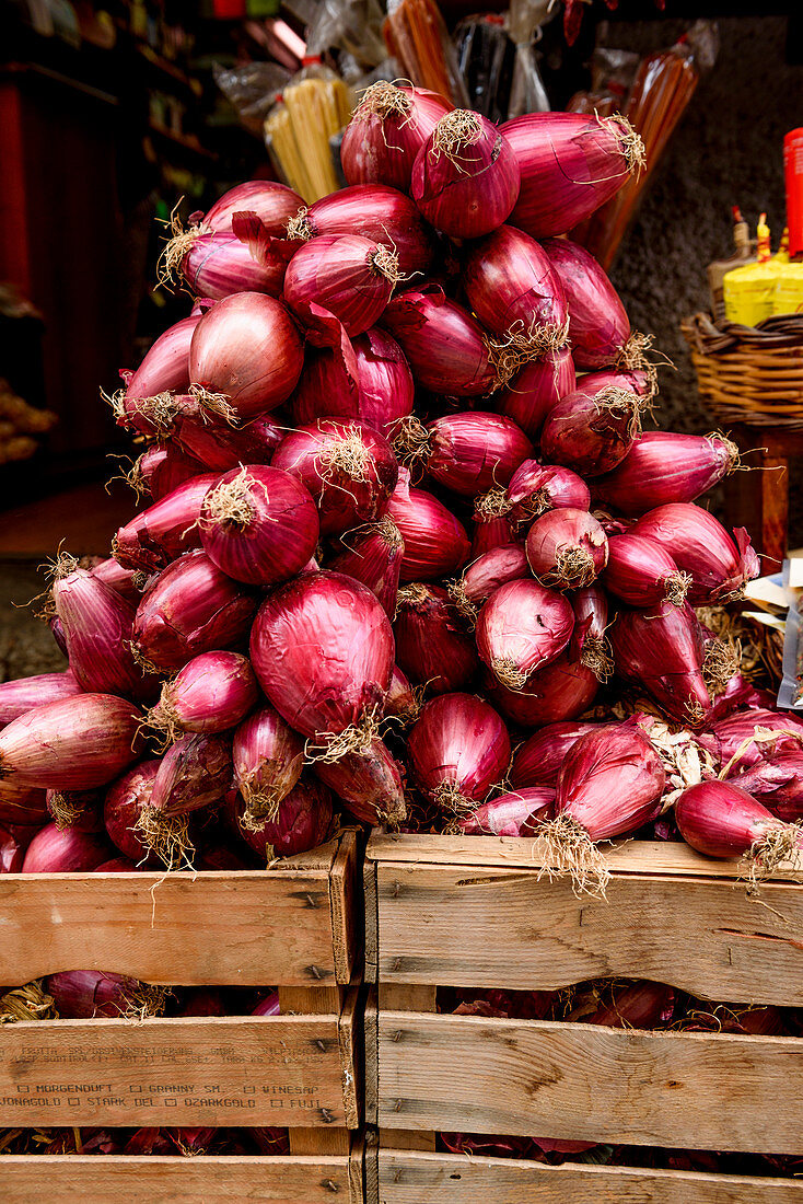 Red onions in a window display, Calabria, Italy