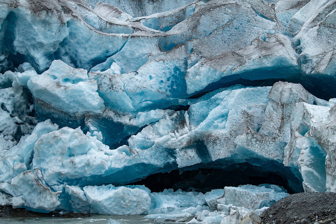 Detail of the front of the massive glacier with cracks and narrow caves, Pio XI Glacier, Magallanes y de la Antartica Chilena, Patagonia, Chile, South America