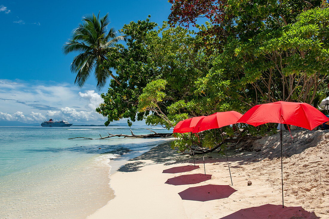 Red parasols line up on a narrow, sunny beach in anticipation of the passengers of the expedition ship MS Hanseatic (Hapag-Lloyd Cruises), Pirumeri Island, Solomon Islands, South Pacific