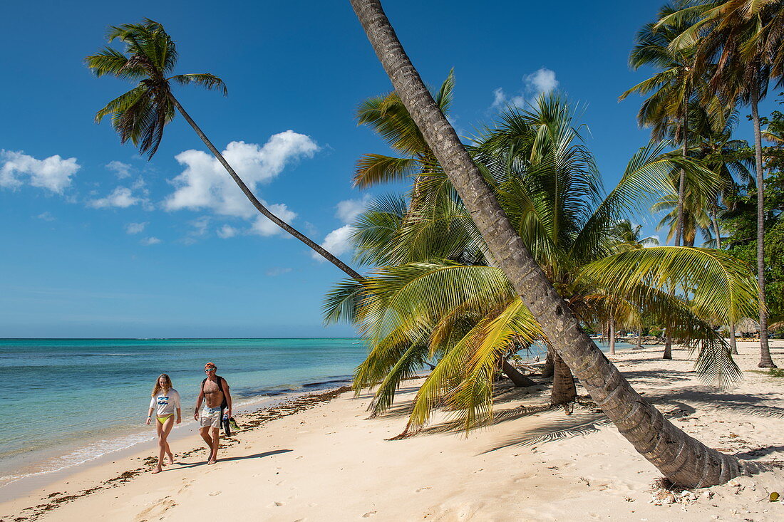 Zwei Personen laufen an einem mit Palmen gesäumten weißen Sandstrand, Pigeon Point, Tobago, Trinidad und Tobago, Karibik