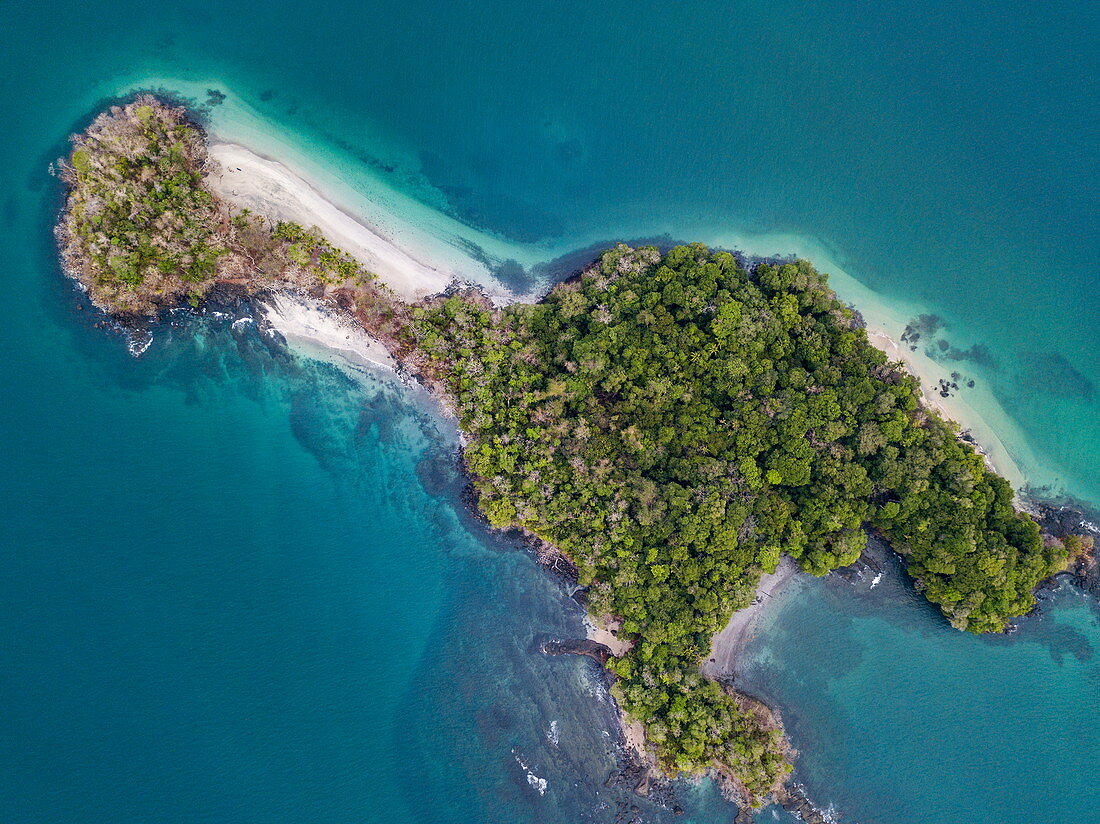 Aerial view of the lush, green island surrounded by water in various shades of blue and green, Isla Gamez, Panama, Central America