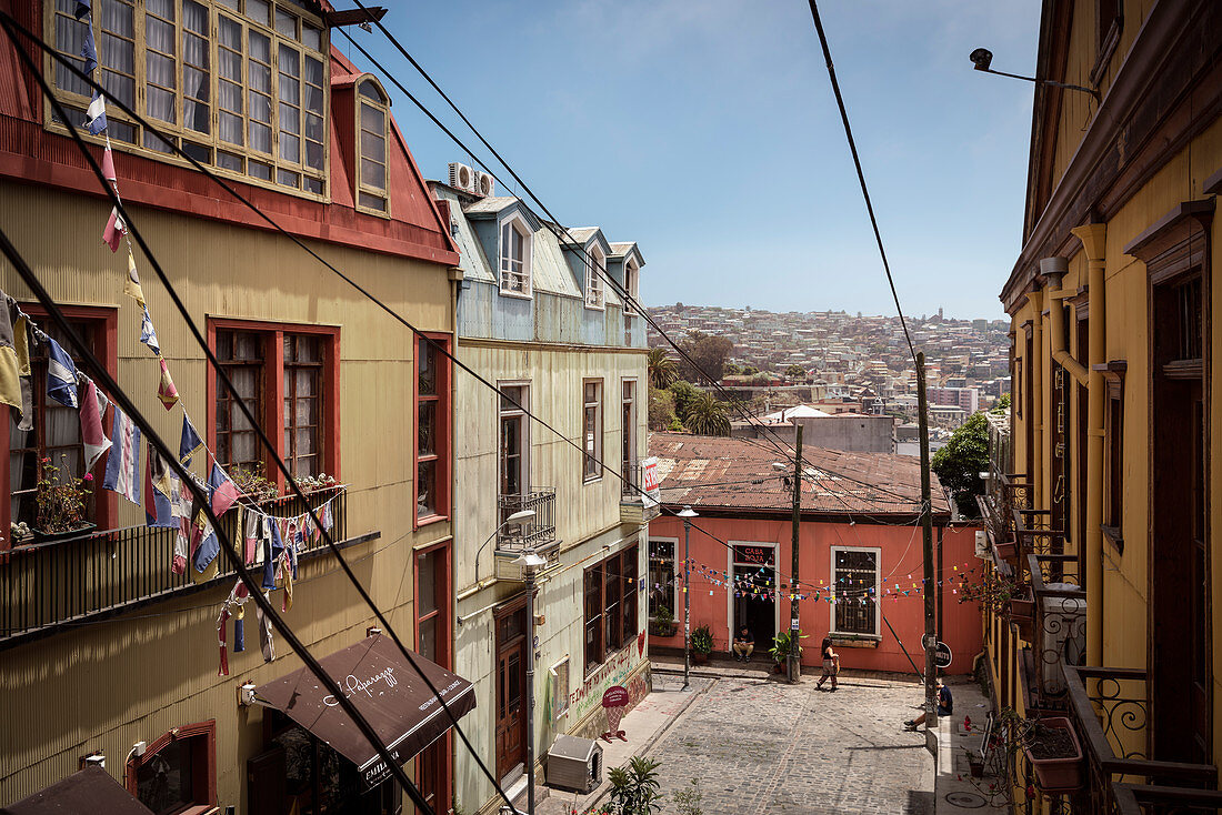 View of the hills of the port city of Valparaiso, colorful houses, Chile, South America