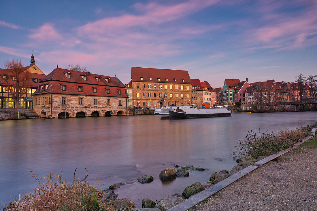 Ship landing stage in Bamberg in the evening, Upper Franconia, Franconia, Bavaria, Germany, Europe