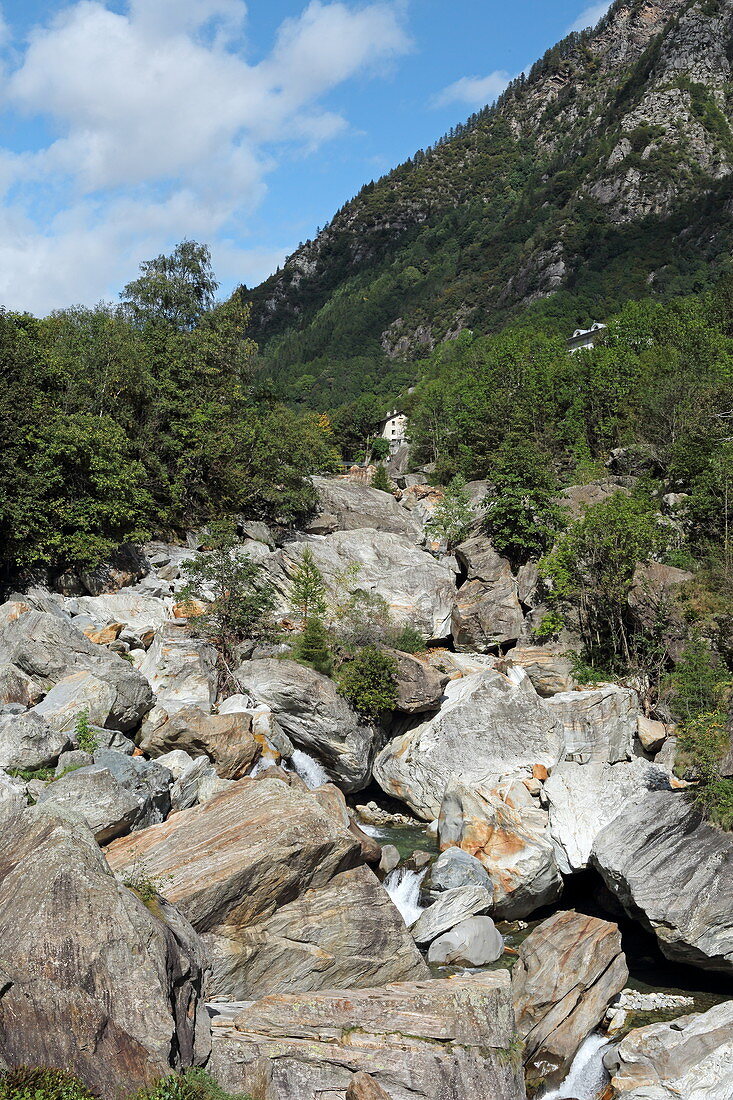 Steine im Bett des Flüsschen Liro im Val San Giacomo nach Chivanna, Sondrio, Lombardei