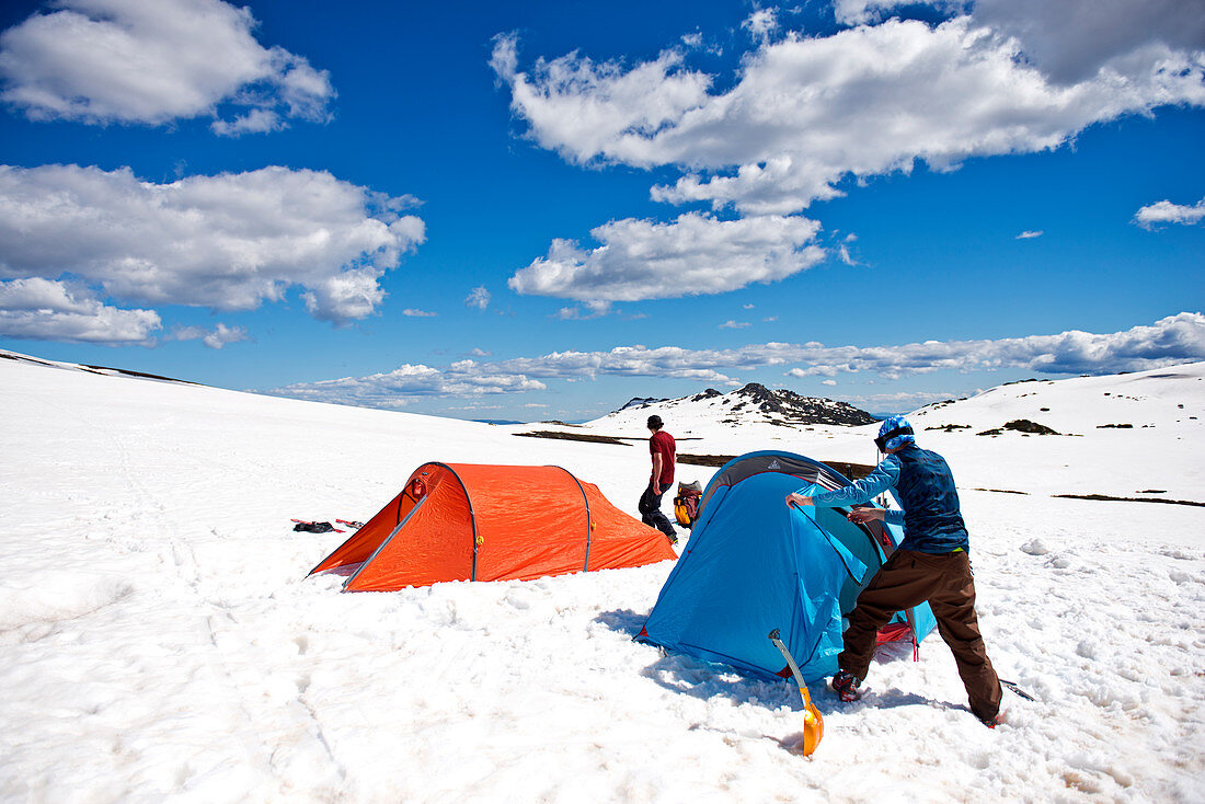 Construction of the camp near the Cootapatamba hut in the Kosciuszko National Park, multi-day ski tour, NSW, Australia