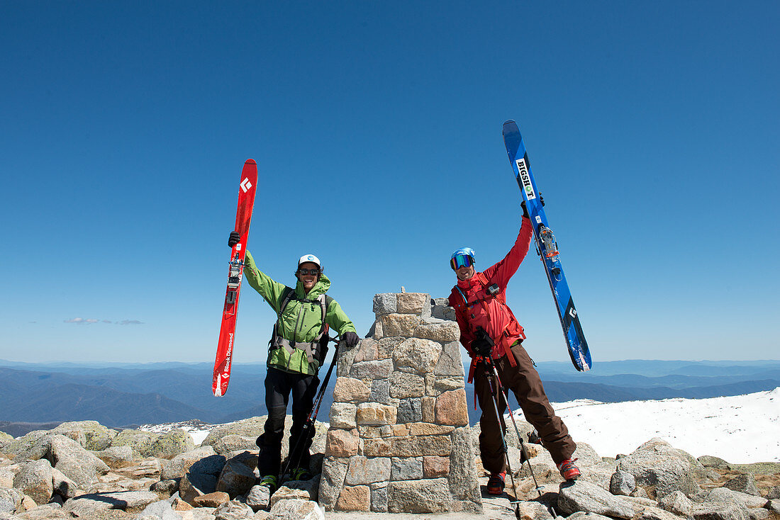 At the summit of Mt. Kosciuszko in the Kosciuszko National Park, multi-day ski tour, NSW, Australia