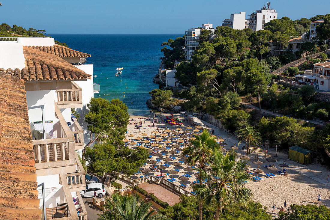 Beach with hotel and bathing bay, Cala Santanyi, Mallorca, Spain
