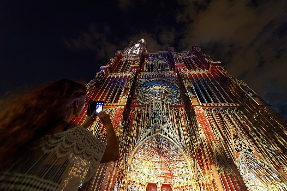 France, Bas Rhin, Strasbourg, old town listed as World Heritage by UNESCO, Notre Dame Cathedral, the western facade, summer 2015 light and sound show