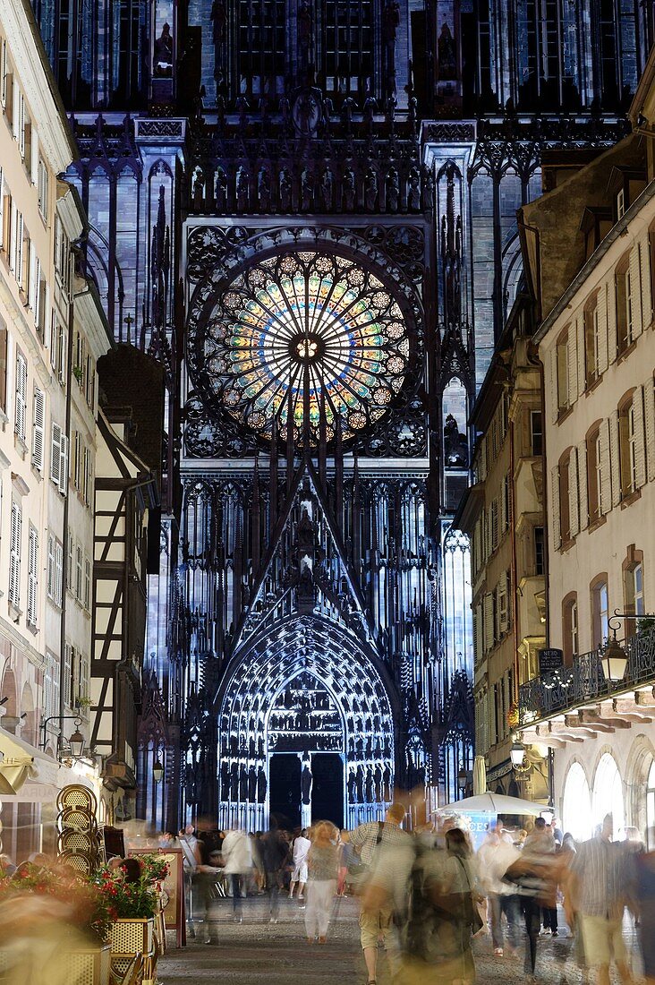 France, Bas Rhin, Strasbourg, old town listed as World Heritage by UNESCO, Notre Dame Cathedral, the western facade, summer 2015 light and sound show